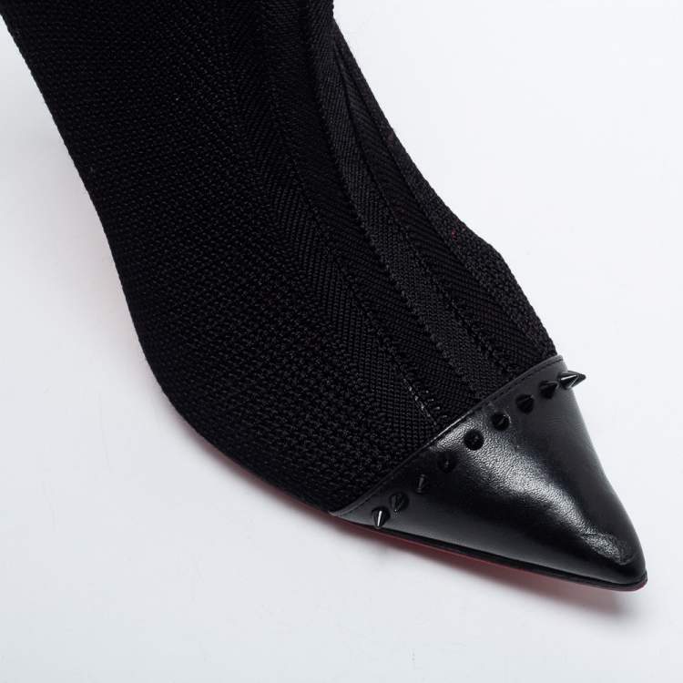 Pre Owned Christian Louboutin Black Knit Fabric and Leather Souricette Spiked Knee High Booties Size 38