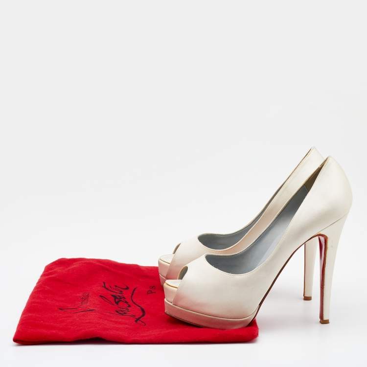 Pre Owned Christian Louboutin Off-White Satin Palais Royal Peep Toe Platform Pumps Size 37.5