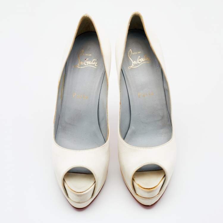 Pre Owned Christian Louboutin Off-White Satin Palais Royal Peep Toe Platform Pumps Size 37.5