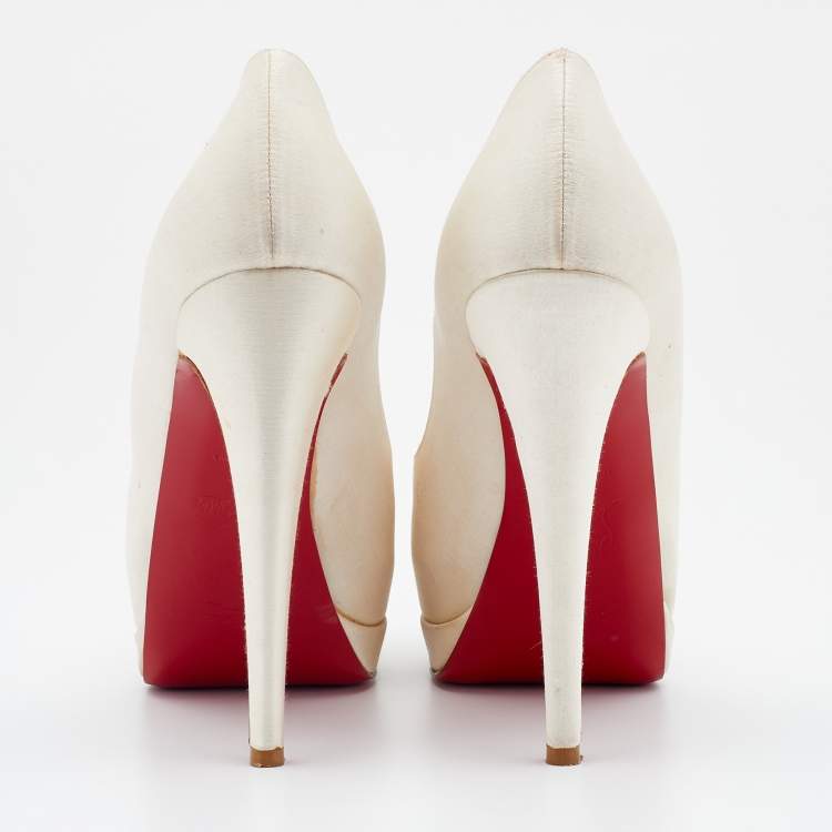 Pre Owned Christian Louboutin Off-White Satin Palais Royal Peep Toe Platform Pumps Size 37.5
