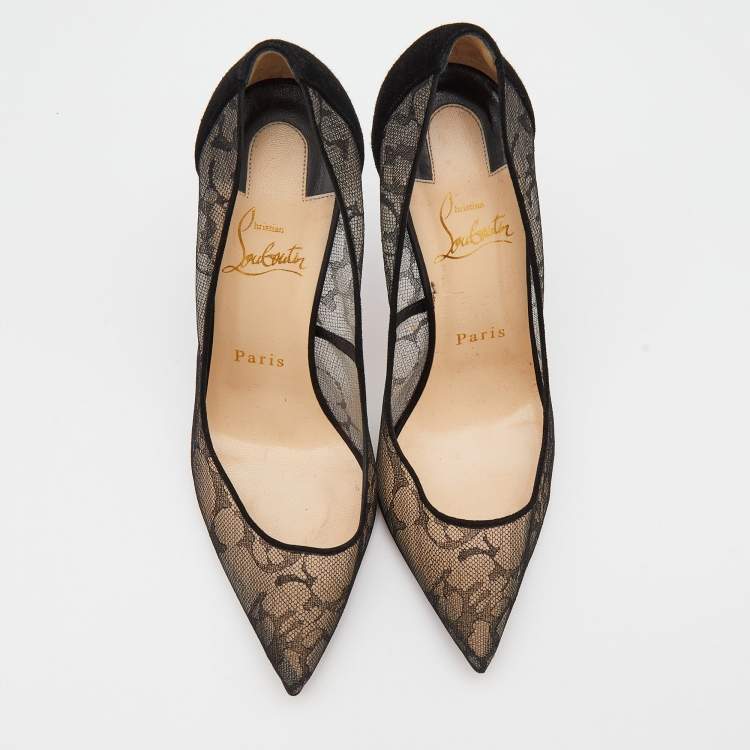 Pre Owned Christian Louboutin Black Mesh And Suede Follies Lace Pointed Toe Pumps Size 37