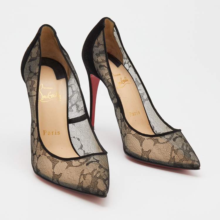 Pre Owned Christian Louboutin Black Mesh And Suede Follies Lace Pointed Toe Pumps Size 37