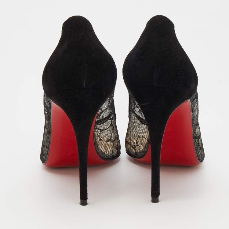 Pre Owned Christian Louboutin Black Mesh And Suede Follies Lace Pointed Toe Pumps Size 37