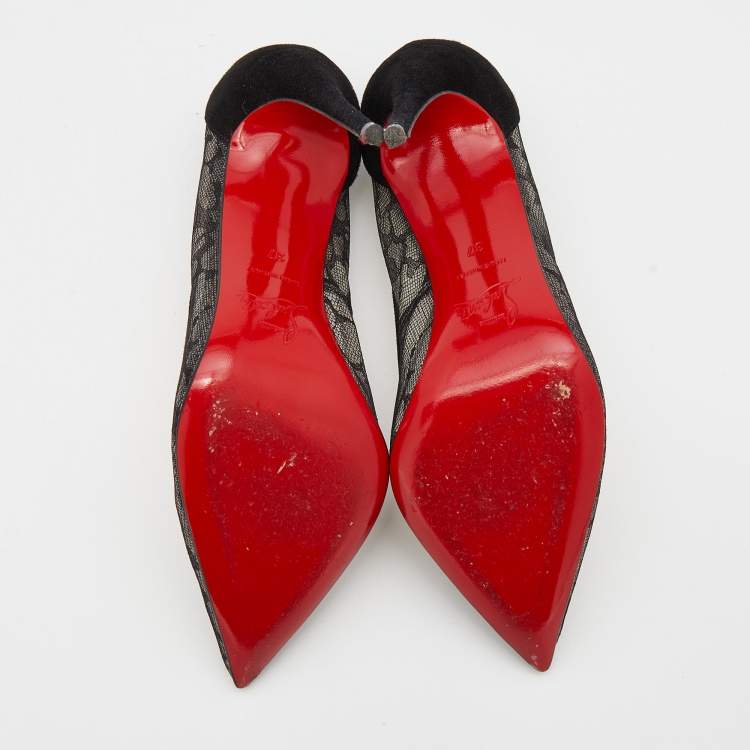 Pre Owned Christian Louboutin Black Mesh And Suede Follies Lace Pointed Toe Pumps Size 37