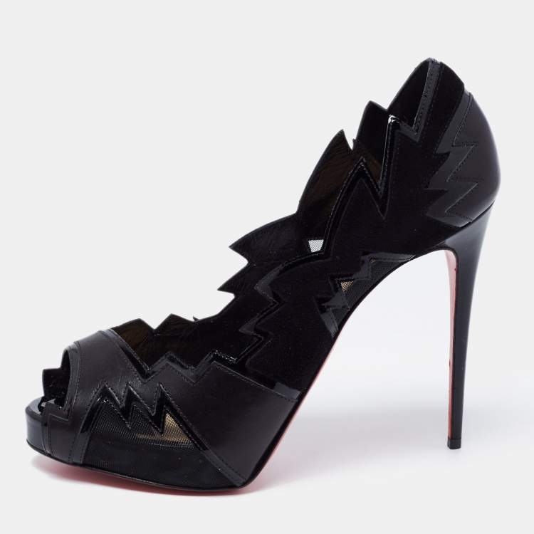 Pre Owned Christian Louboutin Black Leather and Mesh Explozina Peep Toe Pumps Size 39.5 