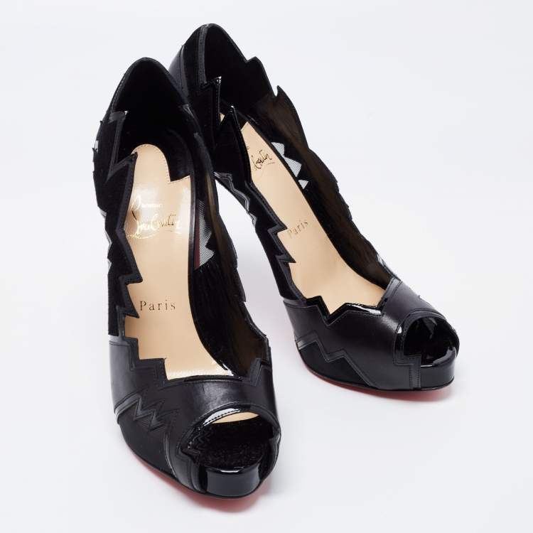 Pre Owned Christian Louboutin Black Leather and Mesh Explozina Peep Toe Pumps Size 39.5 