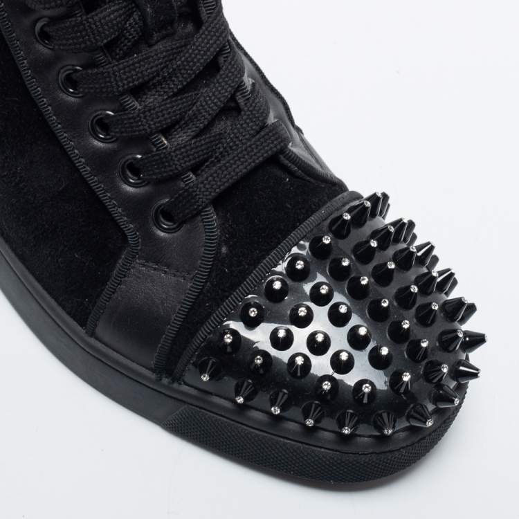 Pre Owned Christian Louboutin Black Suede, Leather and Patent Louis Crystal Embellished Spikes High Top Sneakers Size 35
