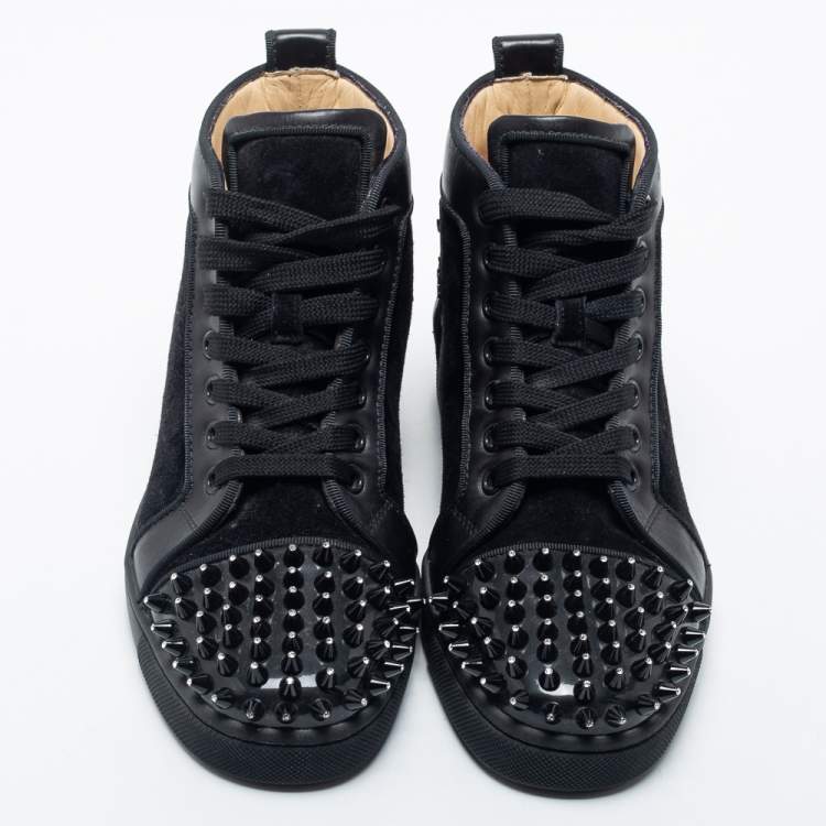 Pre Owned Christian Louboutin Black Suede, Leather and Patent Louis Crystal Embellished Spikes High Top Sneakers Size 35