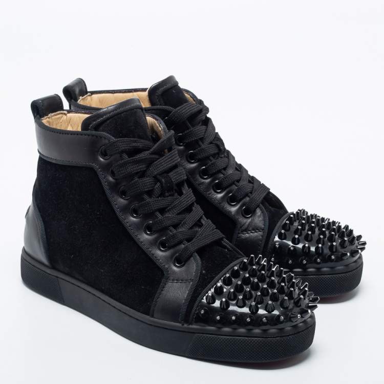 Pre Owned Christian Louboutin Black Suede, Leather and Patent Louis Crystal Embellished Spikes High Top Sneakers Size 35