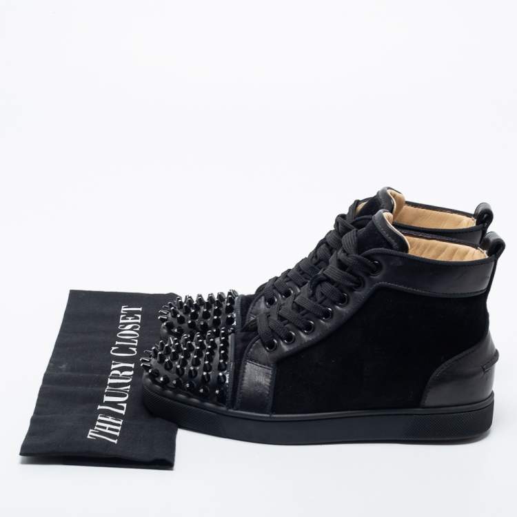 Pre Owned Christian Louboutin Black Suede, Leather and Patent Louis Crystal Embellished Spikes High Top Sneakers Size 35