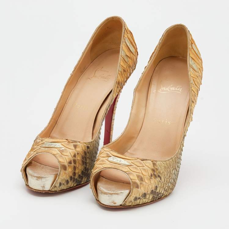 Pre Owned Christian Louboutin Beige Python Leather Very Prive Peep Toe Pumps Size 37