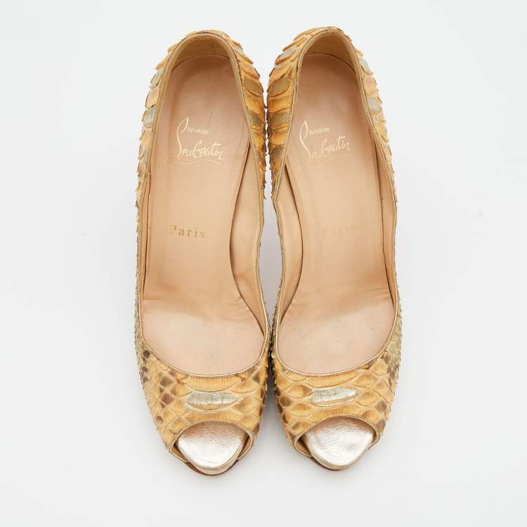 Pre Owned Christian Louboutin Beige Python Leather Very Prive Peep Toe Pumps Size 37