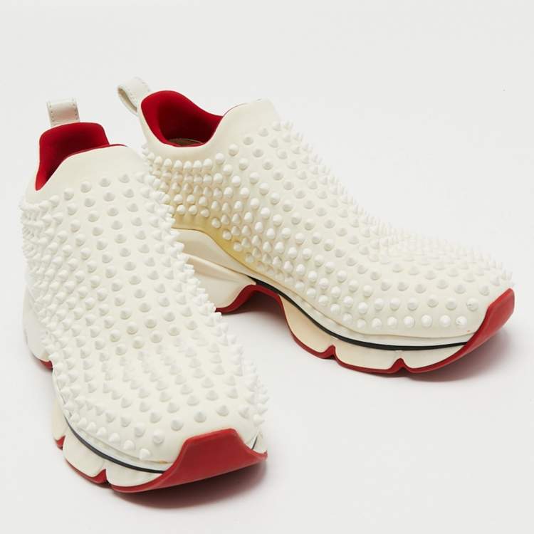 Pre Owned Christian Louboutin White Canvas Spike Sock Slip On Sneakers Size 41.5
