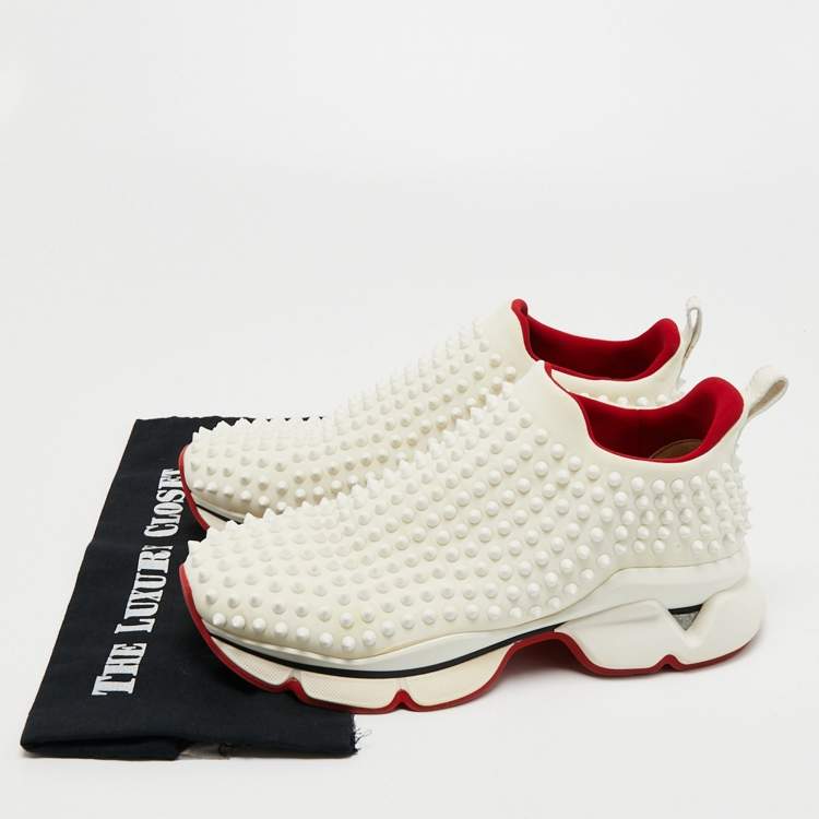 Pre Owned Christian Louboutin White Canvas Spike Sock Slip On Sneakers Size 41.5
