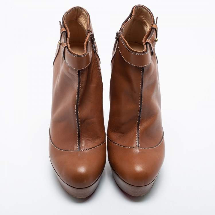 Pre Owned Christian Louboutin Brown Leather Platform Ankle Boots Size 41