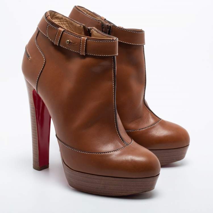 Pre Owned Christian Louboutin Brown Leather Platform Ankle Boots Size 41