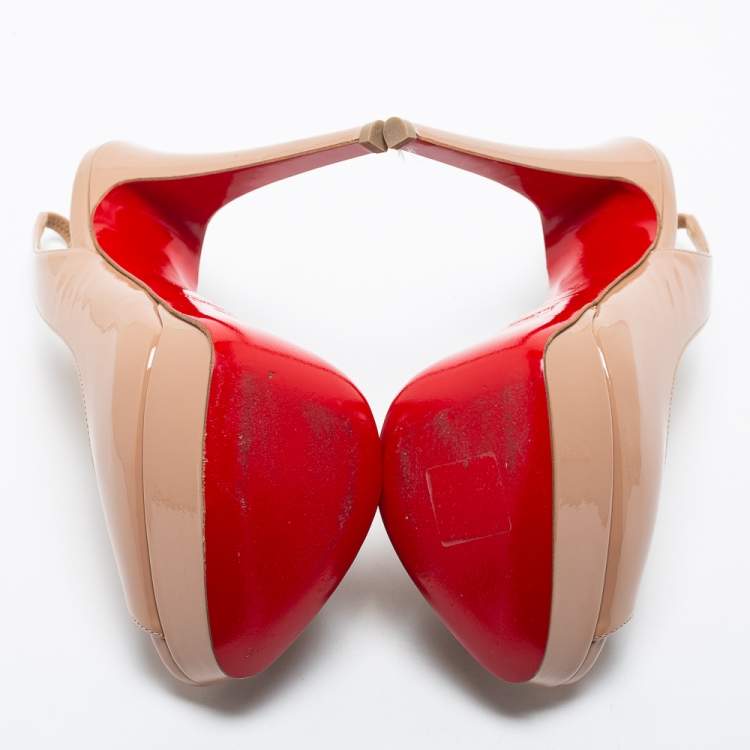 Pre Owned Christian Louboutin Beige Patent Leather Lady Peep Platform Slingback Sandals Size 37.5
