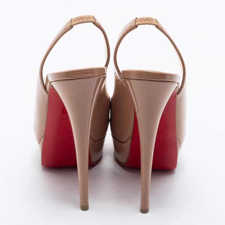 Pre Owned Christian Louboutin Beige Patent Leather Lady Peep Platform Slingback Sandals Size 37.5