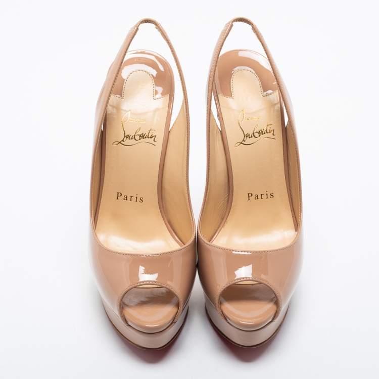 Pre Owned Christian Louboutin Beige Patent Leather Lady Peep Platform Slingback Sandals Size 37.5