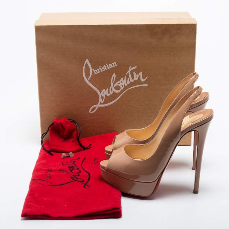 Pre Owned Christian Louboutin Beige Patent Leather Lady Peep Platform Slingback Sandals Size 37.5