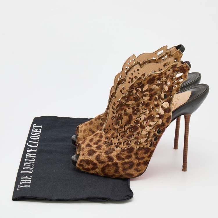Pre Owned Christian Louboutin Brown Leopard Print Calf Hair Laser Cut Out Markesling Slingback Booties Size 40