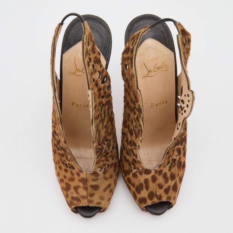 Pre Owned Christian Louboutin Brown Leopard Print Calf Hair Laser Cut Out Markesling Slingback Booties Size 40