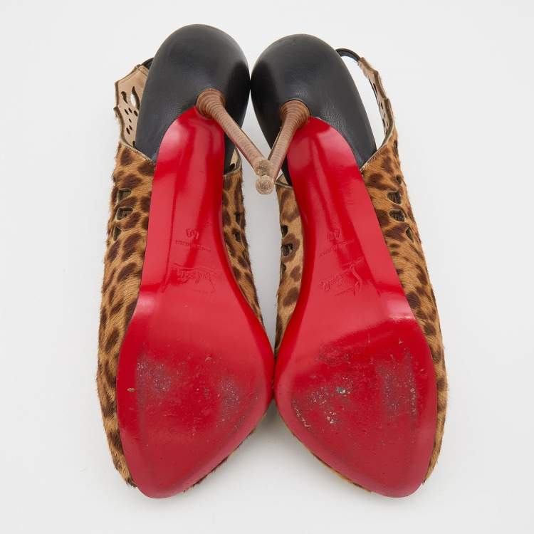 Pre Owned Christian Louboutin Brown Leopard Print Calf Hair Laser Cut Out Markesling Slingback Booties Size 40