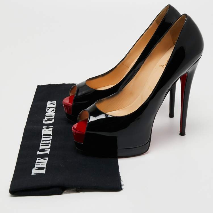 Pre Owned Christian Louboutin Black Patent Leather New Prive Platform Peep Toe Pumps Size 39