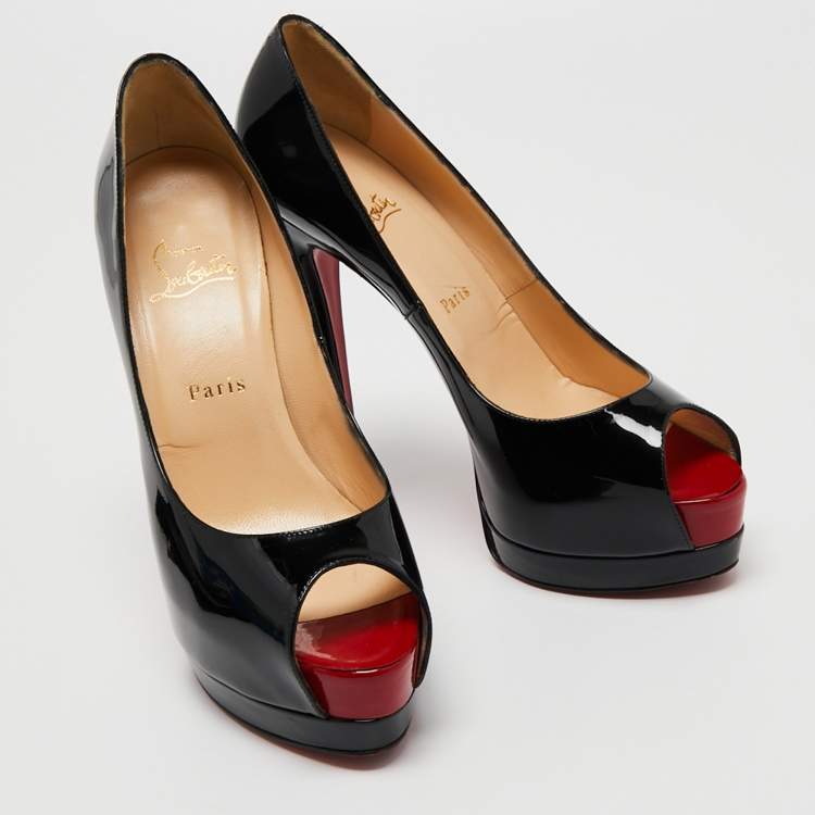 Pre Owned Christian Louboutin Black Patent Leather New Prive Platform Peep Toe Pumps Size 39