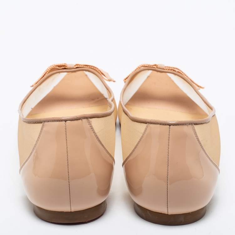 Pre Owned Christian Louboutin Beige Mesh Bow Pointed Toe Ballet Flats Size 40