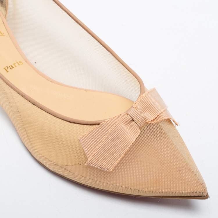 Pre Owned Christian Louboutin Beige Mesh Bow Pointed Toe Ballet Flats Size 40