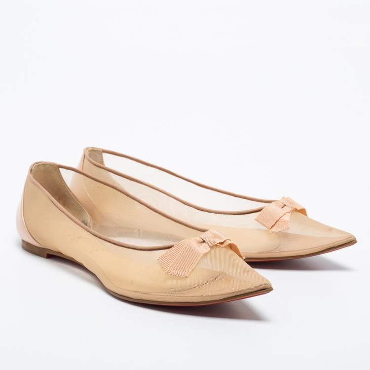 Pre Owned Christian Louboutin Beige Mesh Bow Pointed Toe Ballet Flats Size 40