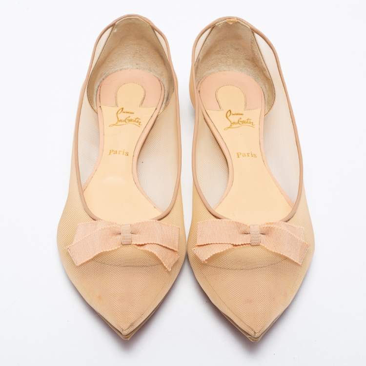Pre Owned Christian Louboutin Beige Mesh Bow Pointed Toe Ballet Flats Size 40