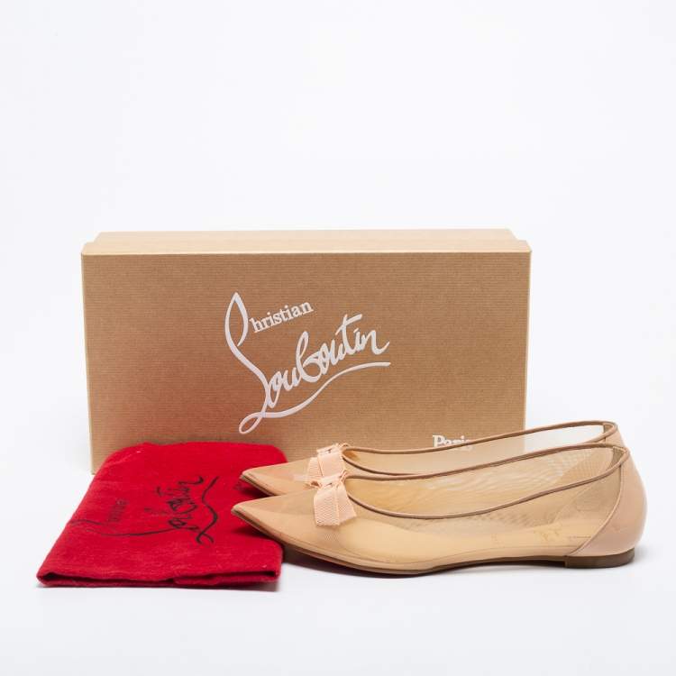 Pre Owned Christian Louboutin Beige Mesh Bow Pointed Toe Ballet Flats Size 40