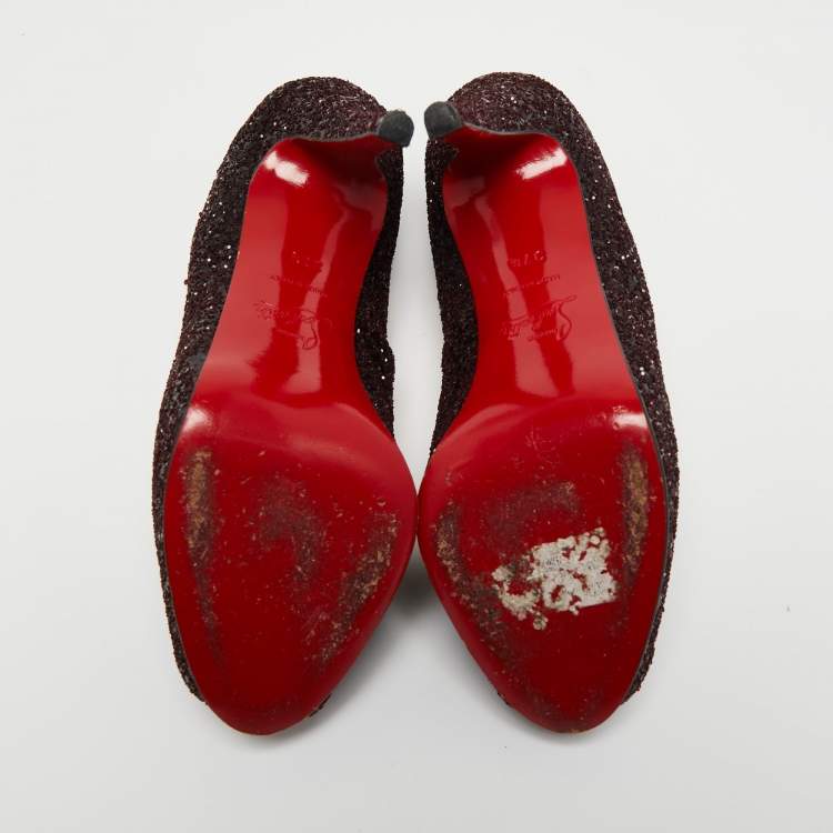Pre Owned Christian Louboutin Burgundy Glitter New Prive Pumps Size 37.5