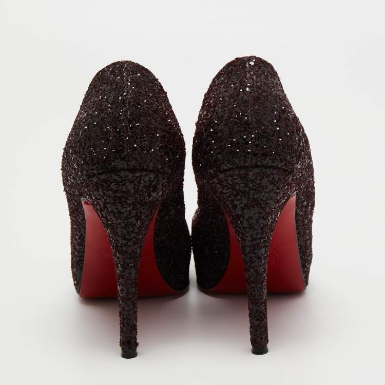 Pre Owned Christian Louboutin Burgundy Glitter New Prive Pumps Size 37.5