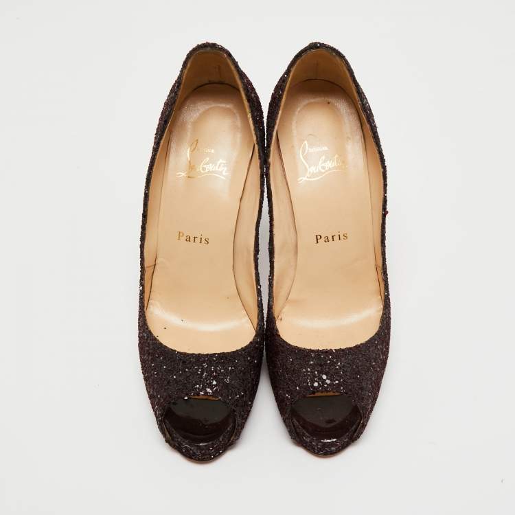 Pre Owned Christian Louboutin Burgundy Glitter New Prive Pumps Size 37.5