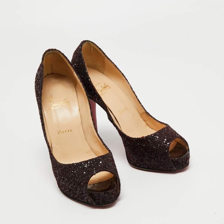 Pre Owned Christian Louboutin Burgundy Glitter New Prive Pumps Size 37.5