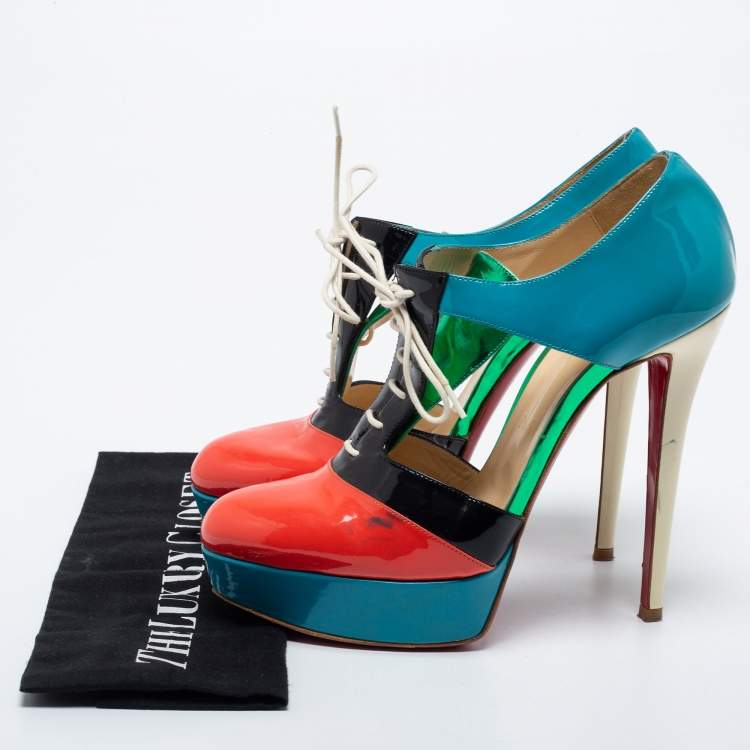 Pre Owned Christian Louboutin Multicolor Patent Leather Cut Out Ankle Length Booties Size 39