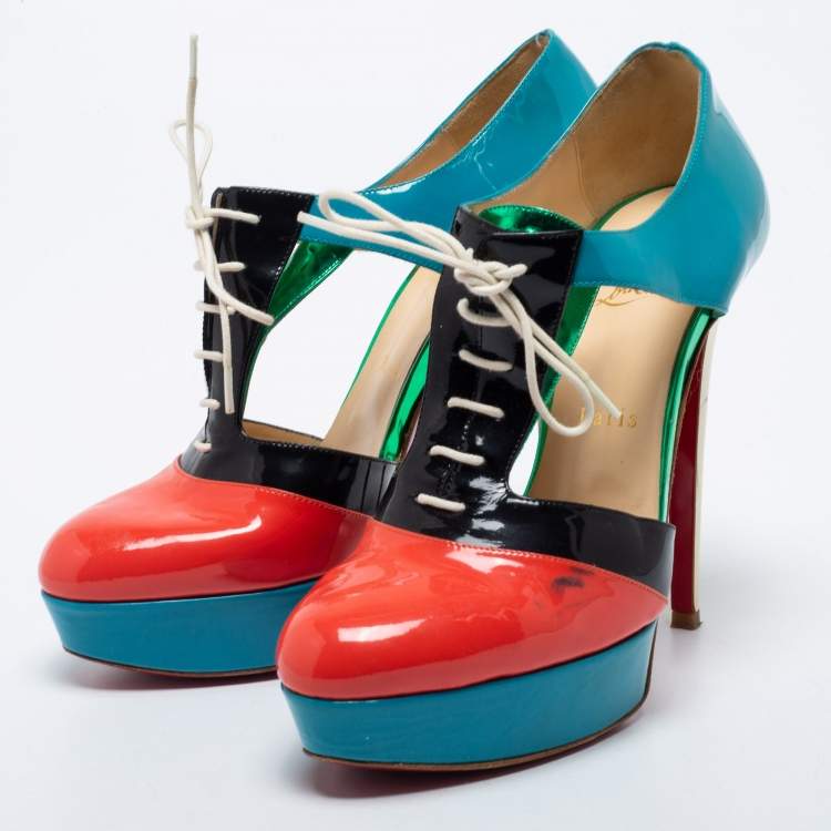 Pre Owned Christian Louboutin Multicolor Patent Leather Cut Out Ankle Length Booties Size 39