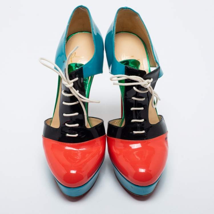 Pre Owned Christian Louboutin Multicolor Patent Leather Cut Out Ankle Length Booties Size 39