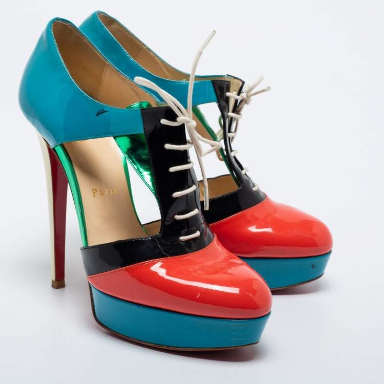 Pre Owned Christian Louboutin Multicolor Patent Leather Cut Out Ankle Length Booties Size 39