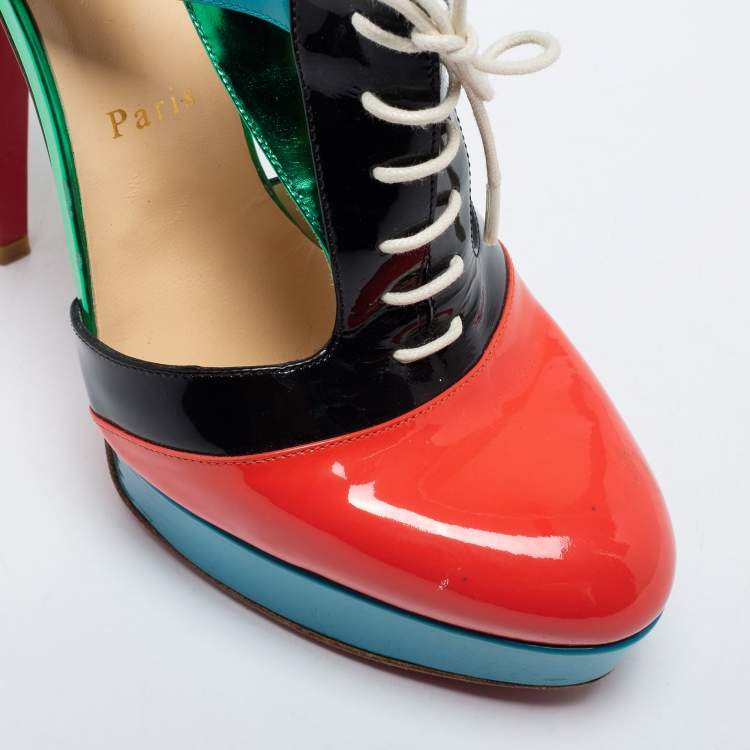 Pre Owned Christian Louboutin Multicolor Patent Leather Cut Out Ankle Length Booties Size 39