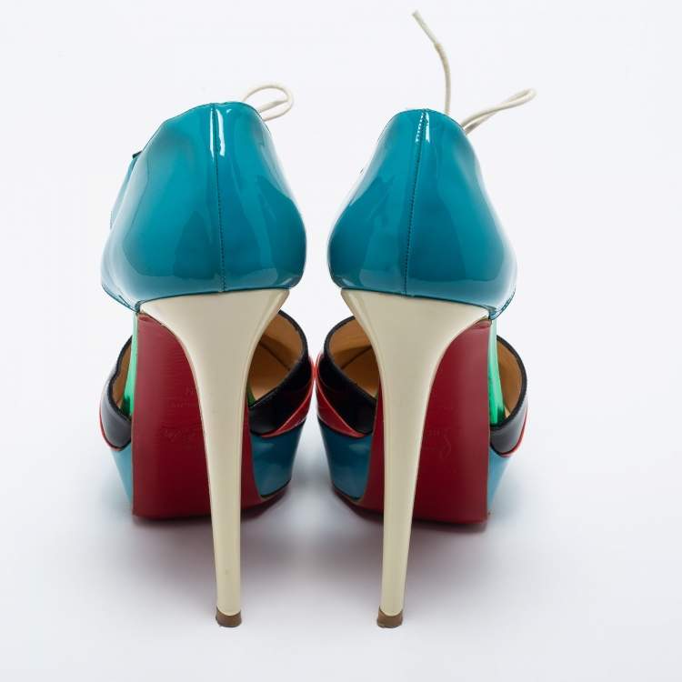Pre Owned Christian Louboutin Multicolor Patent Leather Cut Out Ankle Length Booties Size 39