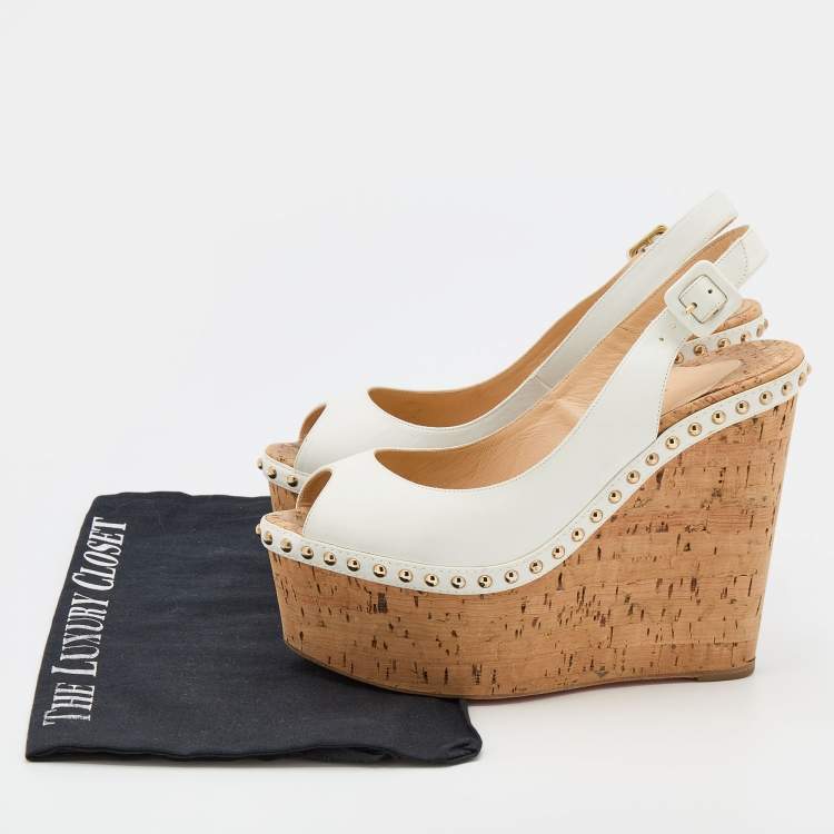 Pre Owned Christian Louboutin White Leather Monico Slingback Cork Platform Wedge Pumps Size 37