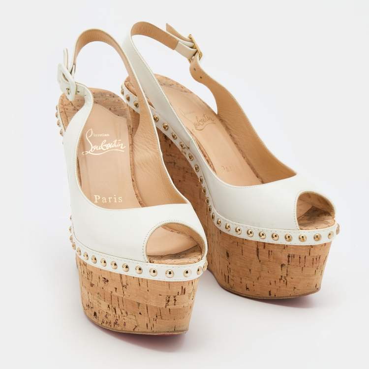 Pre Owned Christian Louboutin White Leather Monico Slingback Cork Platform Wedge Pumps Size 37