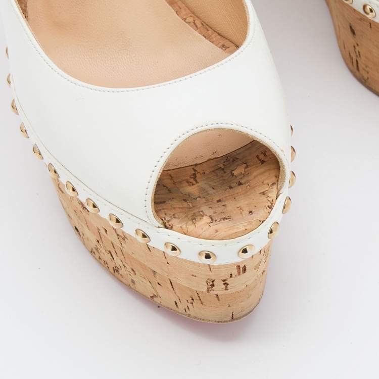 Pre Owned Christian Louboutin White Leather Monico Slingback Cork Platform Wedge Pumps Size 37
