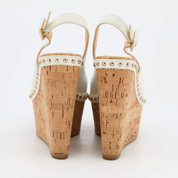 Pre Owned Christian Louboutin White Leather Monico Slingback Cork Platform Wedge Pumps Size 37