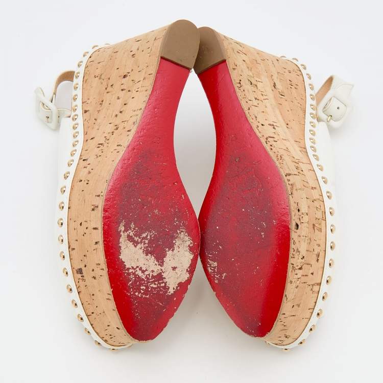 Pre Owned Christian Louboutin White Leather Monico Slingback Cork Platform Wedge Pumps Size 37
