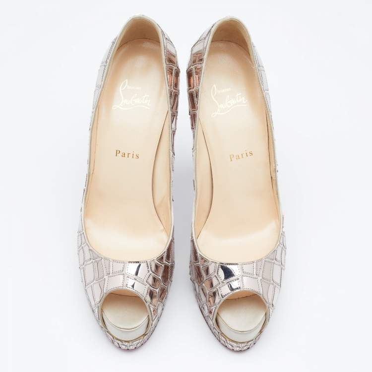 Pre Owned Christian Louboutin Anniversary Edition Metallic Gold Mosaic and Satin Sobek Peep Toe Pumps Size 41